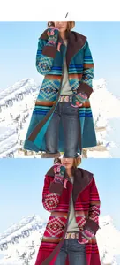Detail of bohemian print hooded wool coats in turquoise and magenta colors for winter