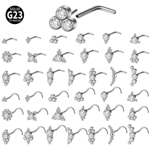 Solid G23 Titanium Nose Stud L-Shaped And 5-Shaped Piercing Jewelry With Zirconia Geometric Designs For Women Men Silver Color