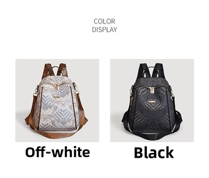 Dual color display of Chinese style backpacks in beige wave and black textured patterns
