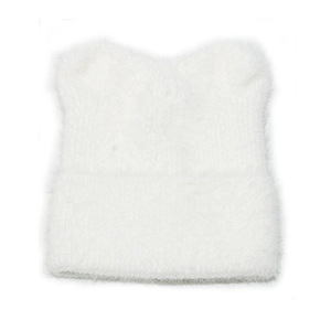 Close-up detail of white fluffy faux mink knit hat with cute cat ear design for winter