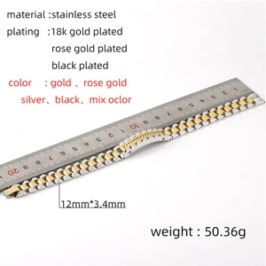 Macro detail of 12mm stainless steel watchband bracelet showing width on ruler measurement