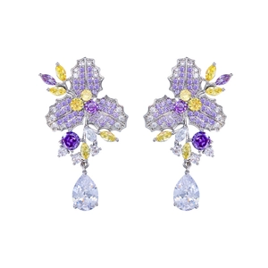 Elegant floral drop earrings with colorful zircons and large teardrop pendants