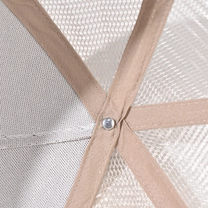 Detailed interior of khaki trucker hat showing reinforced seams and breathable mesh fabric