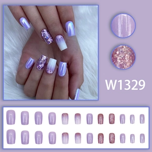 Sparkly aurora purple press-on nails set with glitter and white gradient design