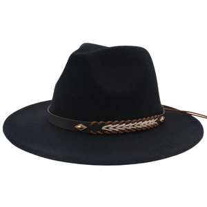 Black wool fedora with wide brim and western style leather band with metal rivets
