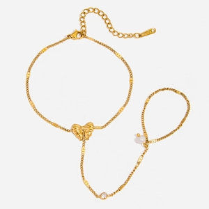 18K gold plated stainless steel hand chain with butterfly pendant, pearl and zircon