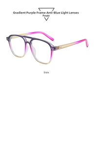 Detailed side view of gradient purple double-bridge pilot frame with anti-blue light lenses