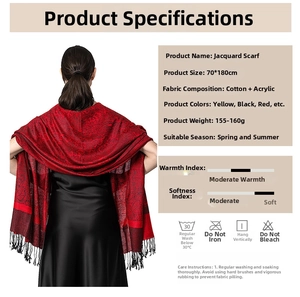 Detail of red paisley jacquard shawl scarf featuring long tassels and cotton blend texture