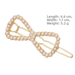 Gold hollow bow hair clip with pearls detail showing 4.6cm length and 1.7cm width