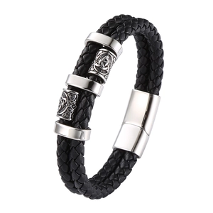 Bracelet multicouche en cuir tressé noir pour homme avec perles Viking en acier inoxydable