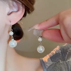 French vintage double pearl drop earrings with elegant silver hooks for women