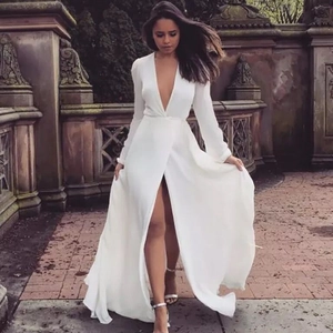 Elegant Ivory White Wedding Dress Long Sleeve Deep V Neck High Split Floor Length Chiffon Style Evening Gown Women