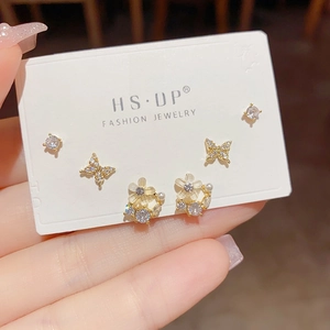 Three pairs of elegant gold S925 earrings with zircon butterfly and flower designs