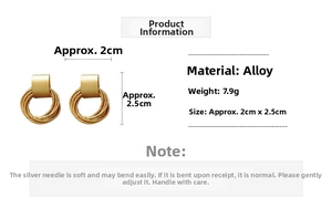 Detail of matte gold irregular round hoop earrings showing size 2cm and 7.9g weight