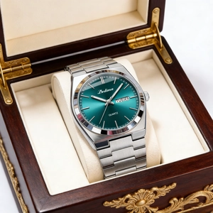 Close-up of elegant men's steel watch with green dial and day-date display in a luxury box