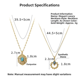 Detail specifications for gold geometric necklaces with blue stones and hollow floral designs