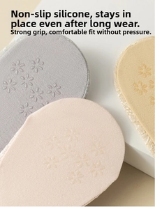 Detail of floral silicone non-slip heel grips on three pairs of lace low cut liner socks