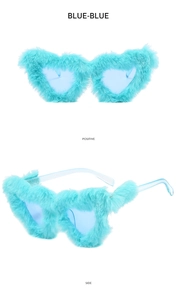 Blue heart sunglasses with plush fur frames shown from front and side perspectives