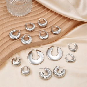 Chic silver irregular stainless steel earring set with croissant and teardrop designs