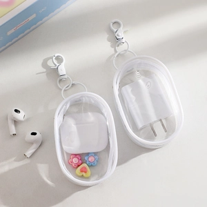 Clear PVC oval mini storage pouch with white trim and metal hook for earphones