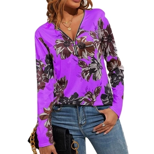 Damen Langarmshirt mit V-Ausschnitt, lila Blattmuster und Metallreißverschluss
