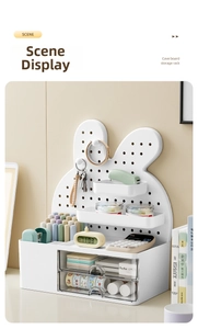 Macro detail of rabbit pegboard organizer with dual transparent drawers and hooks