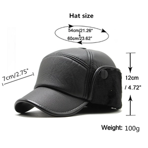Black faux leather winter trapper hat for men with ear flaps and warm plush lining