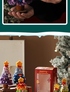 Detail view of handcrafted crochet mini Christmas trees with wooden bases and gift boxes