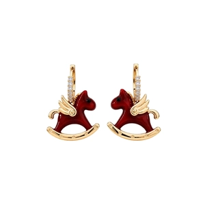 Exquisite Chinese style gold rocking horse earrings with red enamel and sparkling zircons