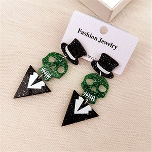 Skeleton gentleman earrings with top hat and glitter green skull for Halloween