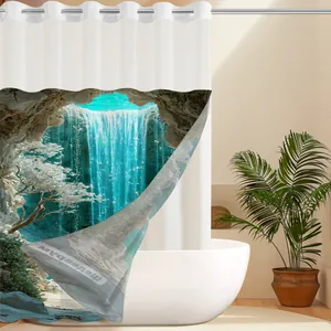 Detail of waterproof waffle fabric with 3D waterfall landscape print and metal eyelets