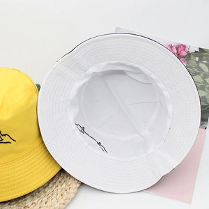 Close-up of Something embroidery inside the bucket hat with reinforced stitching on brim