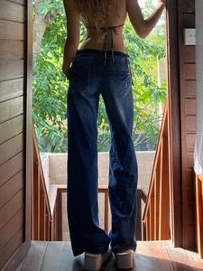 Retro low-rise wide-leg washed denim jeans in dark blue with a relaxed straight-cut fit