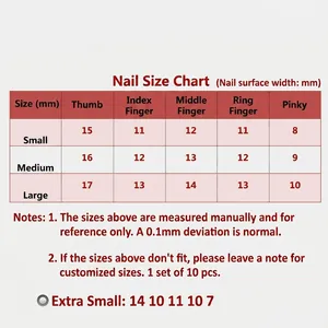 Size chart for handmade press-on nails from XS to L with width measurements in mm