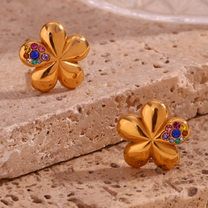 Detailed close-up of 18K gold plated flower stud earrings with multi-color crystals
