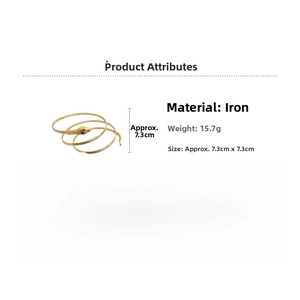 Detail view of a gold snake-shaped metal arm cuff with dimensions and iron material specifications