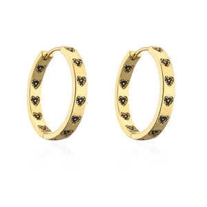 Chic 18K gold plated hoop earrings featuring small black zircon heart stones on white background