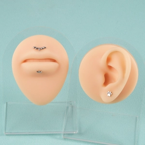 16G Edelstahl Labret Set mit Blattmotiven und Pfotenabdruck Stecker am Modell