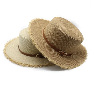 Chapeau De Paille Boater Femme Sommet Plat Large Bord Protection Solaire Plage Voyage Été Décontracté Bord Effiloché Ceinture