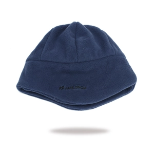 Detailed texture of thick navy blue fleece beanie with embroidered YANLONGM branding
