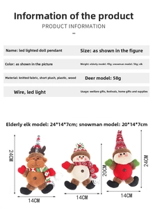 Size chart showing LED Christmas plush ornament dimensions for Santa, Snowman and Elk