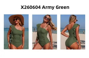 Three-view detail of army green one-shoulder swimsuit with ruffled trim and side ruching