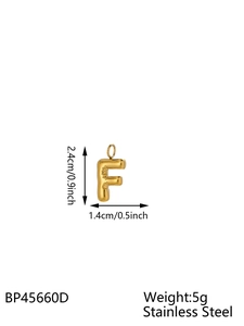 Detailed dimension view of gold stainless steel bubble letter F pendant with size annotations