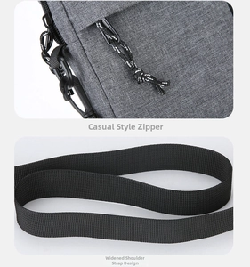 Detail of casual grey bag featuring woven rope zipper pull and wide nylon shoulder strap