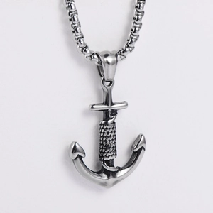 Vintage stainless steel anchor pendant necklace with silver box chain on white background