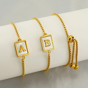Square Shell Initial Bracelet Stainless Steel Adjustable Slider Box Chain Fashion Minimalist Jewelry For Women