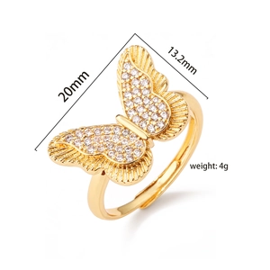 Macro detail of 18K gold plated butterfly ring with clear zircon inlay and size dimensions