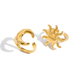 Classic 18K gold plated stainless steel sun and moon adjustable open ring set for women