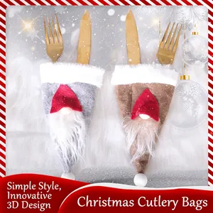 Christmas Gnome Cutlery Holder Felt Plush Silverware Pockets Red Hat White Beard Xmas Table Decor Nordic Style
