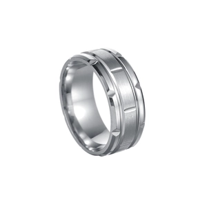 Macro shot of silver titanium ring with horizontal brushed finish and grooved edges
